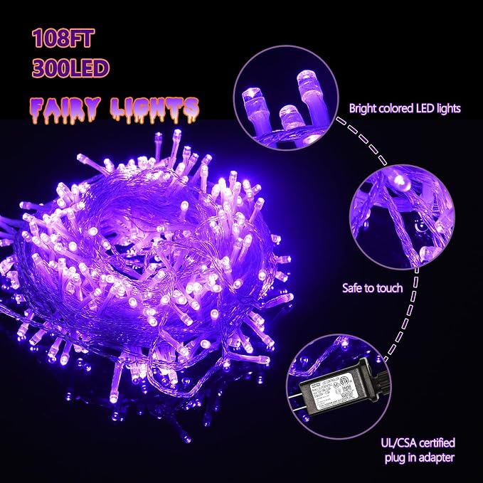 300 Led Purple Outdoor String Lights, 108 Ft Halloween Decor with 8 Modes, Waterproof Plug in Fairy Lights for Bedroom Yard Wedding Room Decor