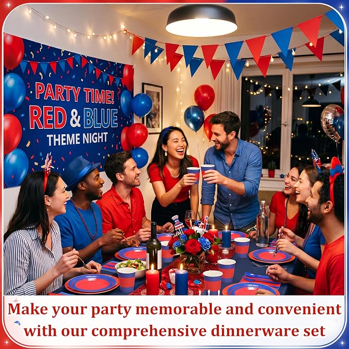 400 Pcs Red and Blue Party Decoration for 50, Blue Red Paper Plates Napkins Cups Tablecloth Cutlery Disposable Tableware Set for Spider Birthday 4th of July Party Supplies