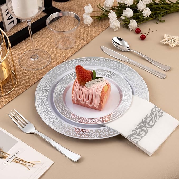 Bestluck 175PCS Silver Plastic Dinnerware Set for 25 Guests, Disposable Plates for Party, Wedding, Include 25 Dinner Plates, 25 Dessert Plates, 25 Set Silver Silverware, 25 Cups, 25 Napkins