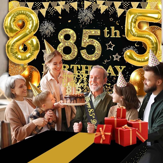 85th Birthday Decorations Men Women with 85th Birthday Banner, Black and Gold Table Cloth, Number Balloons, Sash, Cake Topper and Candles