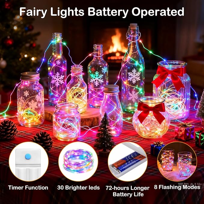10 Pack 10 ft 30 LED Mason Jar String Lights 8 Modes with Timer Waterproof Fairy Lights Upgraded Battery（Included Operated for DIY Wedding Party Mason Jar Christmas Decorations (Multi-Color)