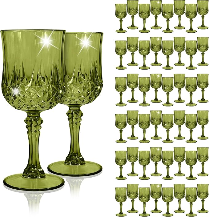 48Pack Green Plastic Wine Glasses,Vintage Plastic Goblets for Parties, Dark Green Drinking Glasses Crystal Water Goblets Reusable for Wedding Reception, Grand Event Party Supplies