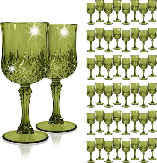 48Pack Green Plastic Wine Glasses,Vintage Plastic Goblets for Parties, Dark Green Drinking Glasses Crystal Water Goblets Reusable for Wedding Reception, Grand Event Party Supplies