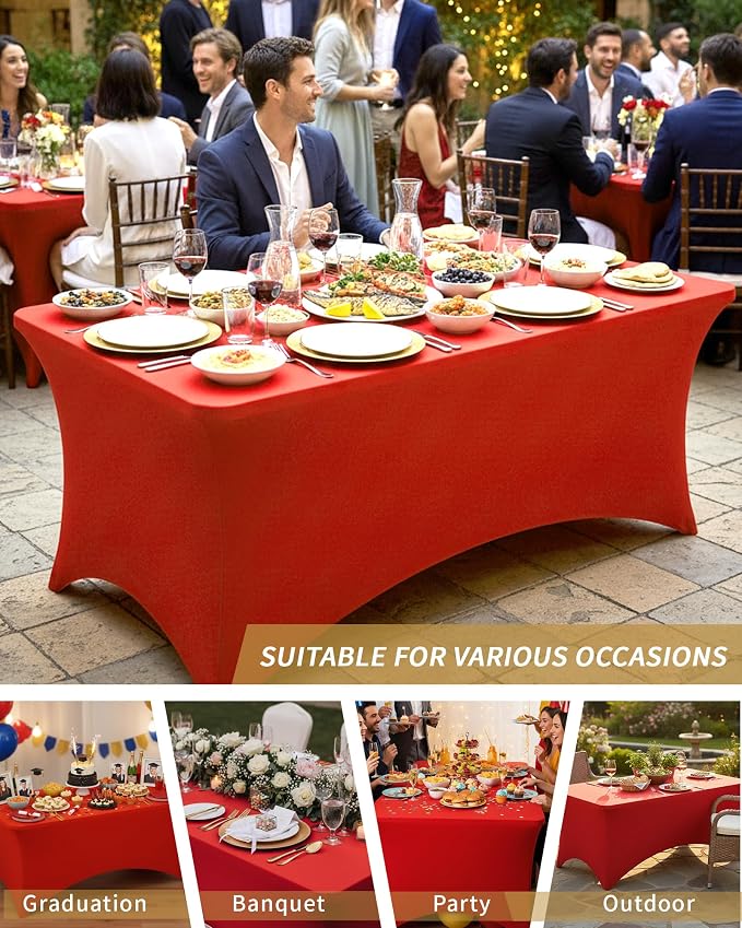 Fixwal Red Stretch Table Cloth Rectangle 4 Pack 6Ft, Spandex Fitted Table Covers Washable for Party, Trade Show, Banquet, Wedding, Buffet