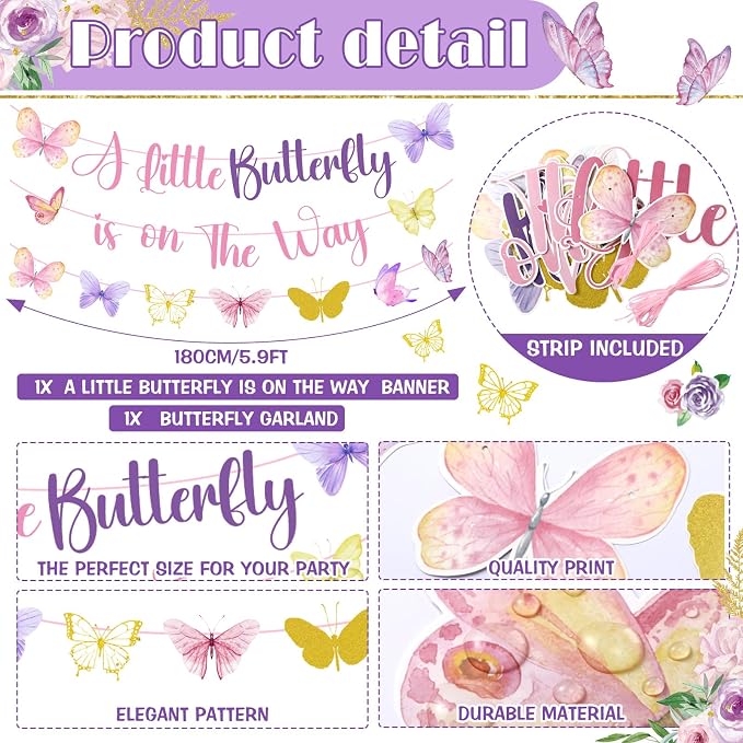 405 Pcs Butterfly Baby Shower Tableware Set Little Butterfly Is On The Way Baby Shower Plates and Napkins Supplies Include Tablecloth Banner Cups for 50 Guest Girls Floral Butterfly Theme