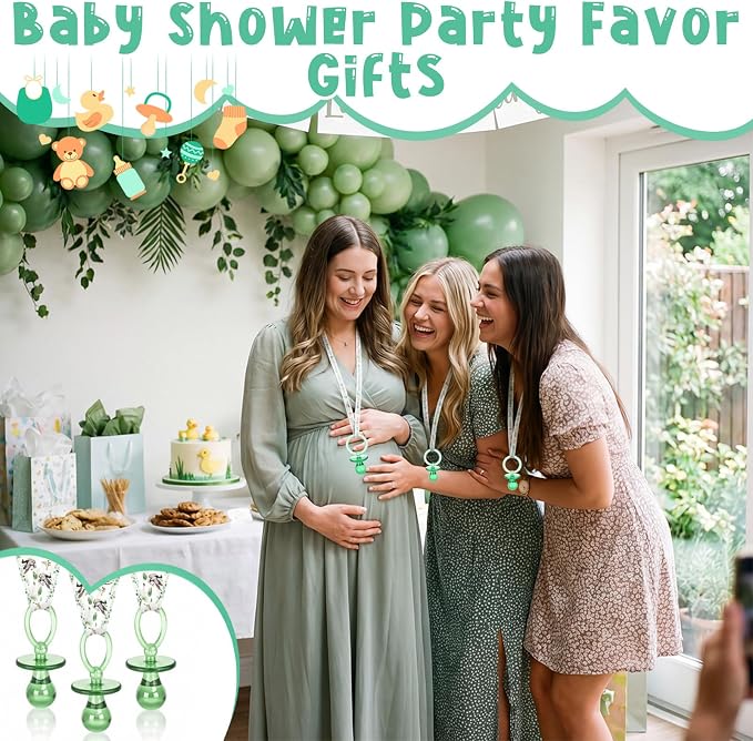 Coume 60 Pieces Baby Shower Pacifiers Necklace Acrylic Pacifiers Necklace Charm Party Favors for Girls Boys Baby Shower Party Decorations Table Scatter (Neutral Style,Green)