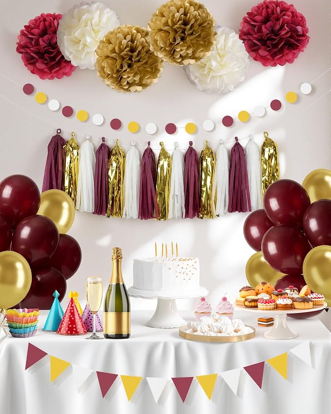 Burgundy Party Decorations Set with Paper Pom Poms, Tassel Garland, Triangle Banner, Circle Dots Garland, Balloons for Birthday, Baby Shower, Graduation