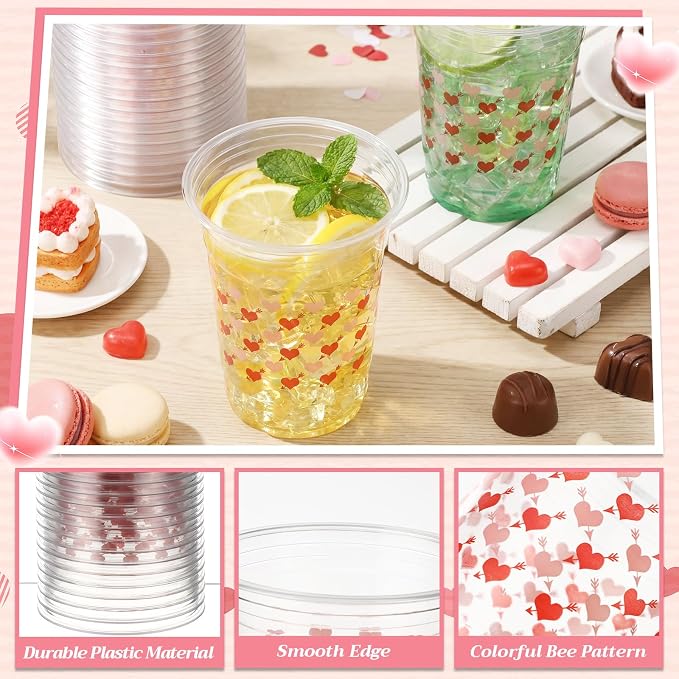 100 Pcs Wedding Plastic Cups 16 oz Clear Disposable Romantic Heart Cups Bulk for Bridal Shower Engagement Anniversary Supplies Beverage Snack