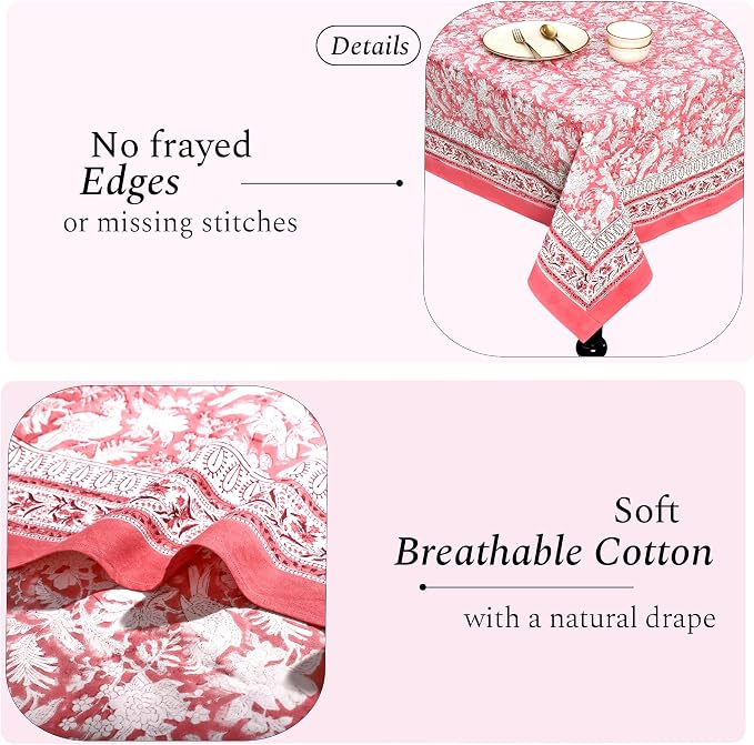 CPC Tablecloth 100% Cotton 60x90 Inch Indian Block Print Rectangle Table Cover, Washable Table Cloth for Weddings, Spring/Summer, Barbeque - Coral Pink