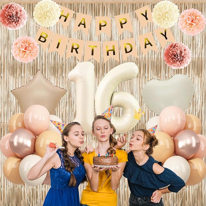 Beige 16th Birthday Decorations Girls Boys Cream Number 16 Balloon Nude Gold Happy Birthday Banner Fringe Curtain Paper Pom Poms Blush White Sand Champagne Star Foil Balloons Neutral Boho Party Decor