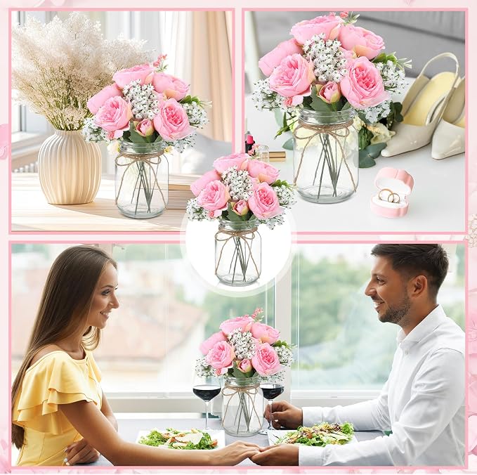 Zeyune 12 Sets Mason Jar Centerpiece Table Decorations, Artificial Peony Baby's Breath Flower Bouquets, Faux Flowers with Vase, Rustic Decor Gifts for Home, Wedding, Holiday (Coral Pink)
