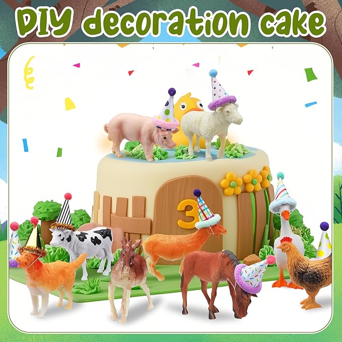 Colingmill 18 Pcs Farm Animal Birthday Party Decorations Mini Birthday Hat Animal Figure Model Cake Toppers with Mini Hat for Birthday Party, Animals Themed Party