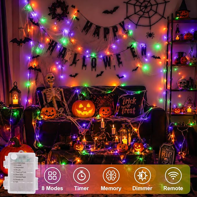 QITONG 2 Pack Battery Operated Halloween Lights, Each 33ft 100 LED Purple Orange and Green String Lights Outdoor Waterproof with Remote, Clear Wire Christmas Twinkle Lights with 8 Modes Indoor