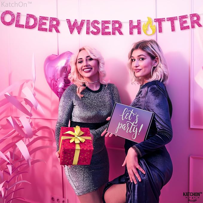 KatchOn, Glitter Older Wiser Hotter Banner - No DIY, 10 Feet | Birthday Decorations for Women | Hbd Banner Backdrop For Pink Party Decorations | Funny Birthday Decorations