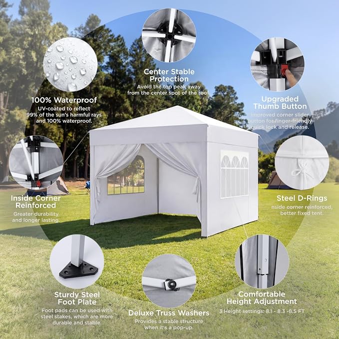 Upgraded 18% Thicker 420D Fabric Tearproof 10x10 Pop Up Canopy Tent with 4 Side Wall, 3 Steps Easy Setup, Durable Steel Truss, Outdoor Sun Shade for Events, Parties, Camping Durable Steel Truss