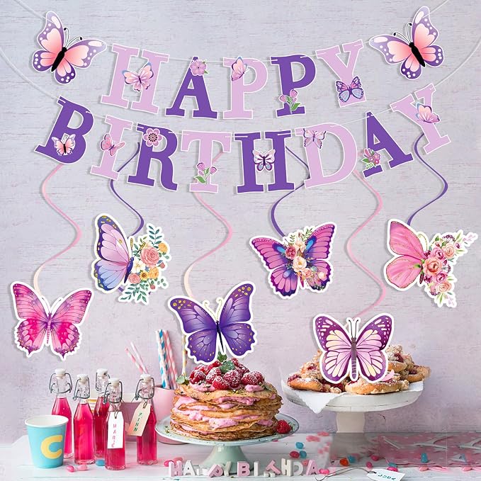 Butterfly Themed Happy Birthday Party Decorations, Plates Napkins Cups Tableware, Colorful Butterflies Backdrop Tablecloth, Happy Birthday Banner Cake Topper Colorful Printed Balloons for Kids Adults