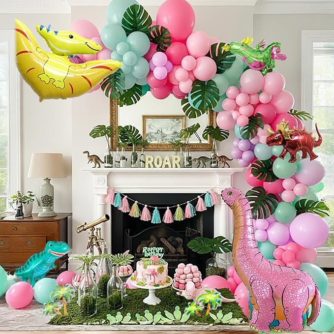 Pink Dino Balloon garland arch kit with Pastel Pink Purple Teal and Foil Dinosaur balloon for dinosaur Theme Party Decorations for Girl (Pink Purple Teal)