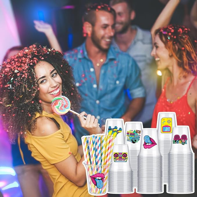 Qinyoung 60 Sets 90's Party Plastic Cups Bulk 14 oz 90s Disco Dance Party Favor Supplies Ice Coffee Plastic Colorful Cups Bulk with Lids and Paper Straws for Cowgirl Birthday