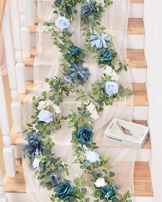 Waipfaru 8.85Ft Flower Garland, Eucalyptus Greenery Garland with Flowers, Rose Floral Vines for Wedding Table Runner Spring Summer Backdrop Decor (Dusty Blue)