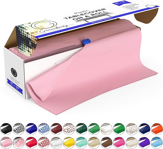 Grandipity Plastic Tablecloth Roll - 54in x 300 Ft. Pink Plastic Table Cloths for Parties Disposable with Cutter Box - Cut to Size Disposable Tablecloth Table Cover for Rectangle & Round