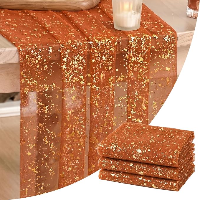 Artoid Mode 3PCS Caramel Gauze Gold Table Runner 120 Inch 10FT, Glitter Metallic Foil Sheer Dining Wedding Anniversary Holiday Table Decor for Home Party