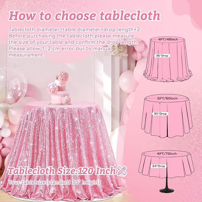 B-COOL Sequin Tablecloth Round Party Decorations: 120 Inch Tablecloths Sequin Overlay Glitter Fabric for Indoor and Outdoor Gathering Parties Fuchsia Pink