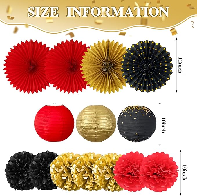 ADLKGG Red Black Gold Party Decorations, 14 Pcs Hanging Paper Fans, Lanterns, Pom Poms - Elegant Backdrop for Casino Night, Graduation 2026, Birthday, Hollywood Theme Party, Game Night