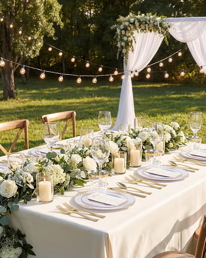 Nervure 600PCS Gold Plastic Dinnerware Set- White and Gold Disposable Plates for 100 Guests - 200 Disposable Plates, 300 Plastic Silverware, 100 Cups Perfect for Wedding & Party