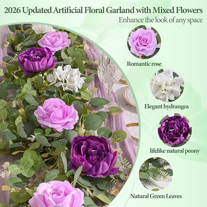 Livole 2Pcs 6 FT Artificial Flower Garland Fake Purple Rose Peony Floral Garland with Eucalyptus Flower Hanging Vine for Wedding Arch Table Centerpieces Backdrop Party Home Decorations
