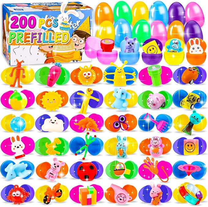 200 PCS Prefilled Easter Eggs with Toys Inside, Bulk Easter Eggs Filled for Easter Egg Hunt, Easter Party Favors & Easter Basket Stuffers for Kids