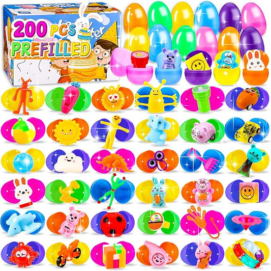 200 PCS Prefilled Easter Eggs with Toys Inside, Bulk Easter Eggs Filled for Easter Egg Hunt, Easter Party Favors & Easter Basket Stuffers for Kids
