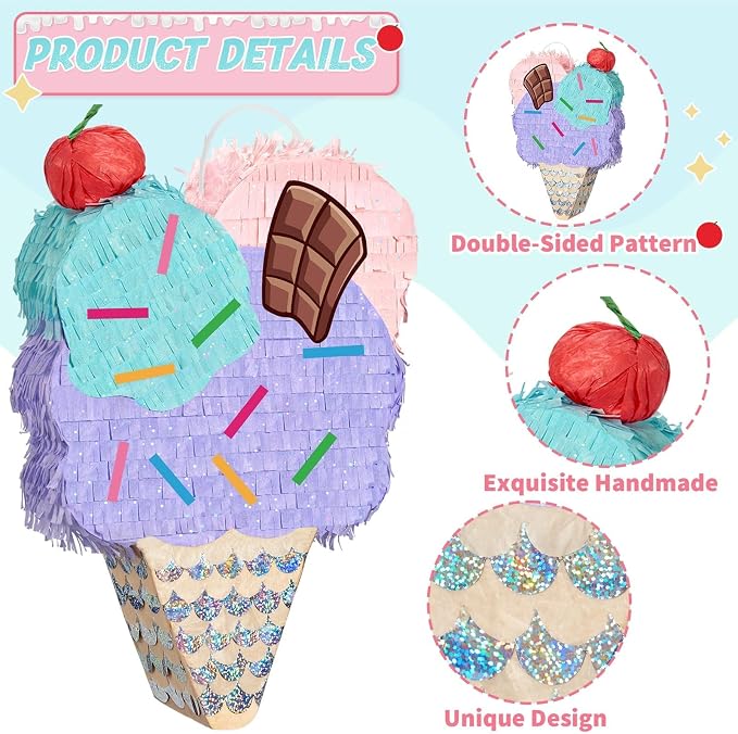 WERNNSAI Ice Cream Piñata - Summer Ice Cream Party Decorations for Kids Girls Birthday Pink Piñata Game Candyland Sweet Theme Party favors supplies with Bat Blindfold