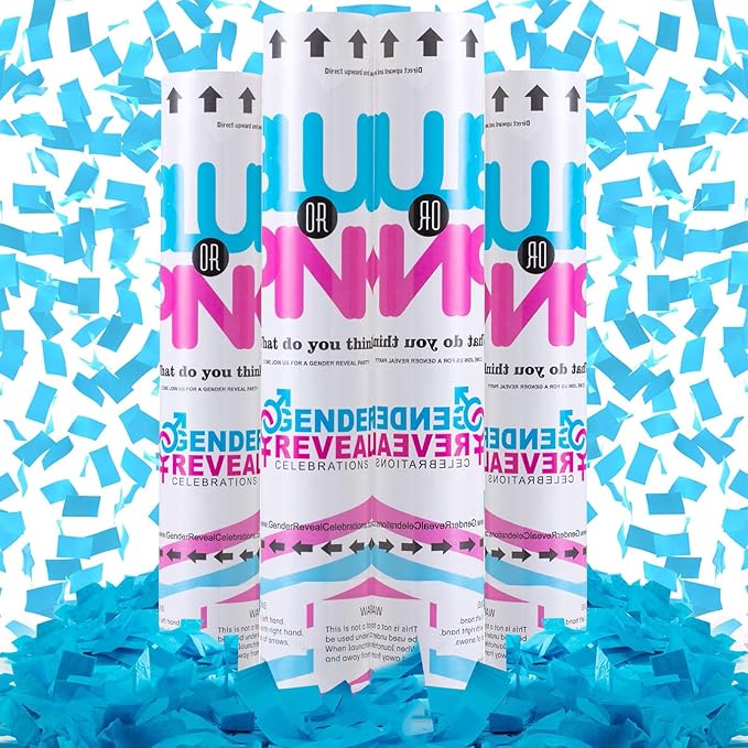 Premium Gender Reveal Confetti Cannon, 4 Pack Blue Gender Reveal Confetti Cannon Popper, for Gender Reveal Decorations