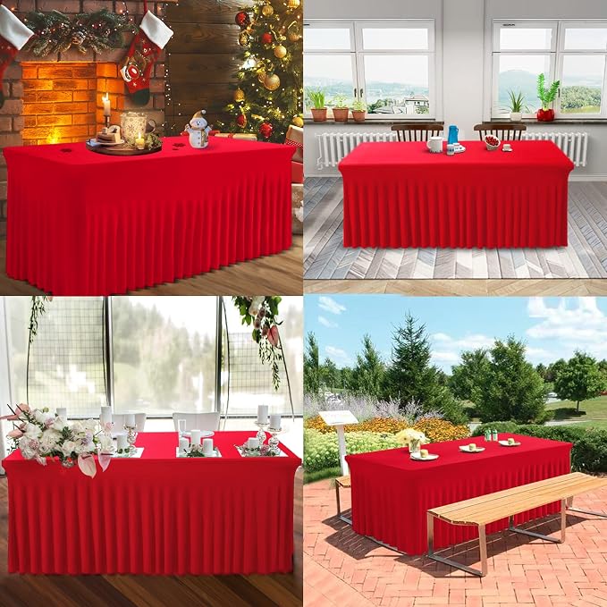 BDDC One-Piece Spandex Table Cover Skirt for 6FT Rectangle Tables | GRS-Certified Eco-Friendly Fabric, Elastic Fitted Ruffle Tablecloth, Washable, For Banquets, Weddings & Parties