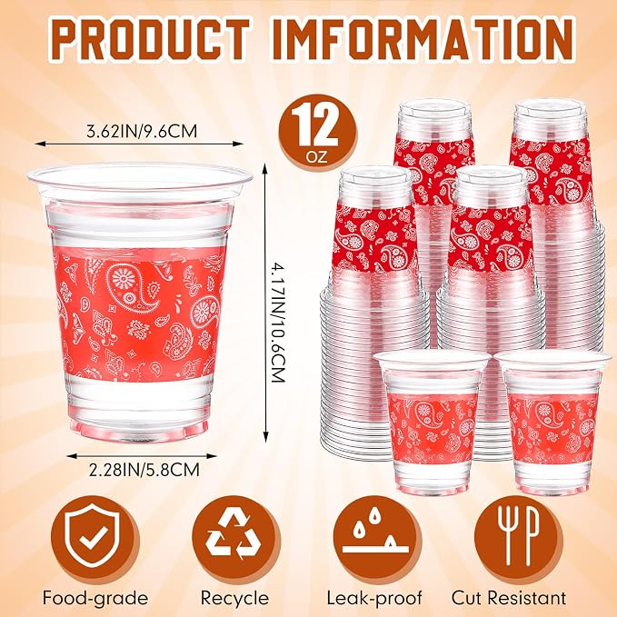 Funnymoom 60 Pack Western Cowboy Cups 12 oz Red Bandana Disposable Clear Plastic Cups for Western Cowboy Birthday Party Decoration Supplies
