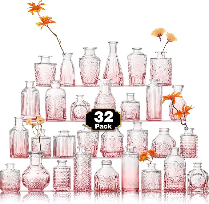 Arme Bud Vase Set of 32, Pink Vases in Bulk Bud Vase for Flower Small Glass Vases for Wedding Centerpieces, Vintage Cute Mini Flower Vase, Home Table Flower Decor