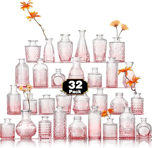 Arme Bud Vase Set of 32, Pink Vases in Bulk Bud Vase for Flower Small Glass Vases for Wedding Centerpieces, Vintage Cute Mini Flower Vase, Home Table Flower Decor