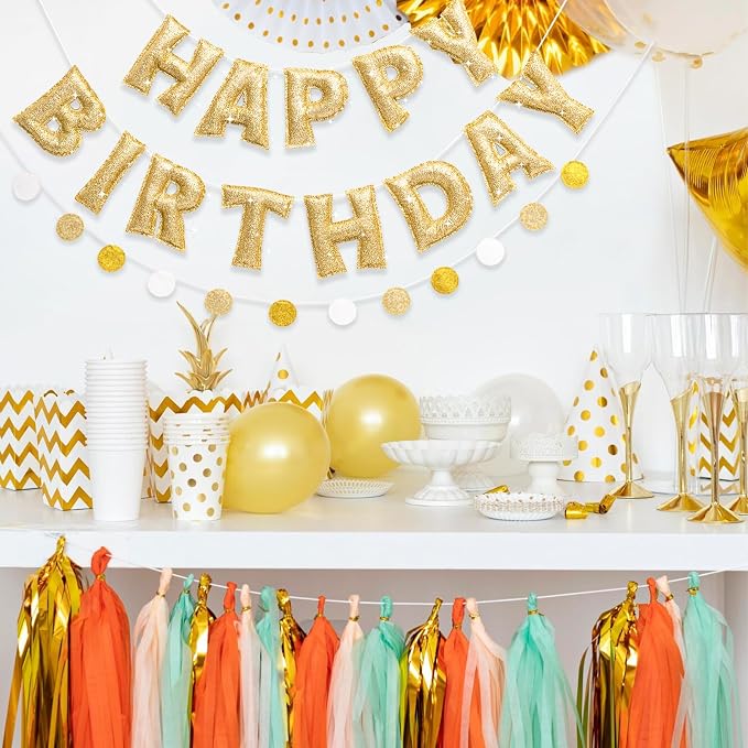 Pre-strung Gold Glitter Happy Birthday Banner Garland, Reusable Birthday Party Decorations, No DIY Gold Birthday Party Banner Sign Decor for Women Men Boys Girls Party Backdrop Party Supplies