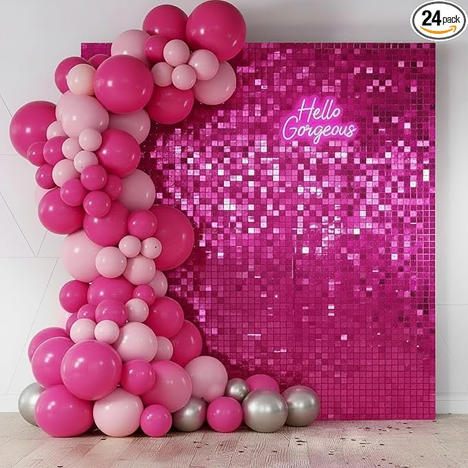 HotPink Shimmer Wall Backdrop 24 Panels Cover 6 x 4 Ft, Photo Backdrops for Wedding,Anniversary,Birthday,Party Decoration
