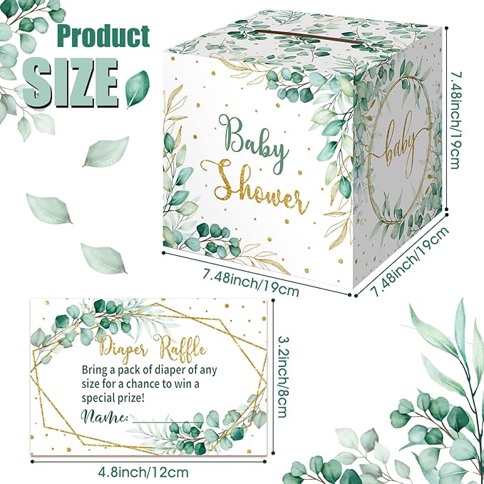 Teling 51 Pieces Diaper Raffle Tickets with Card Box Baby Shower Decorations Baby Shower Holder Box for Girl Boy Diaper Raffle Party(Green Leaf Style)