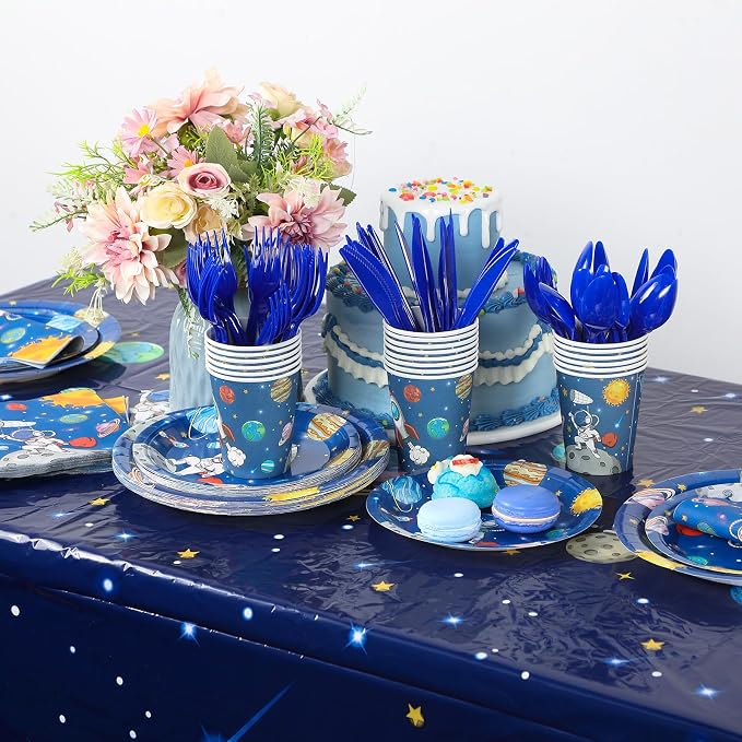 Oudain 162 Pcs Astronaut Space Birthday Party Decorations for 20 Guests Space Plates and Napkins Party Supplies 2 Plastic Solar System Tablecloth Dinnerware Cups Planet Table Cover for Kids