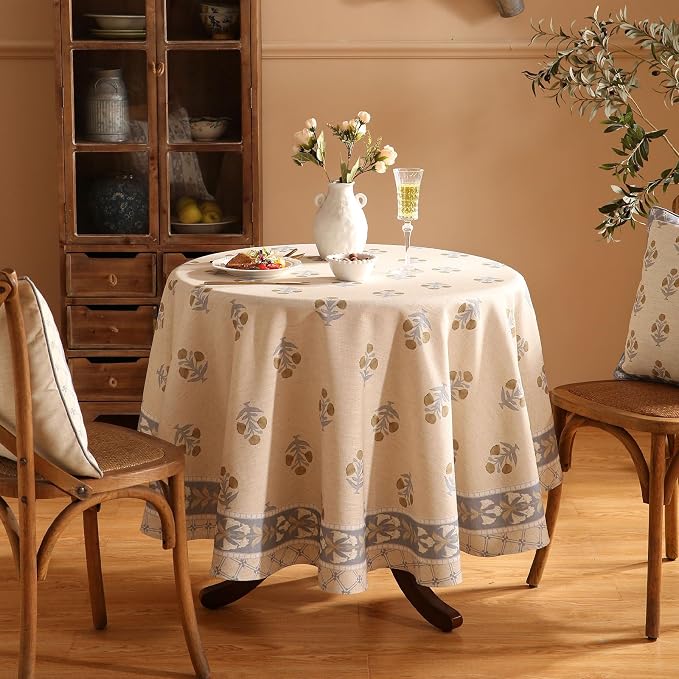 patdrea Vintage French Linen Tablecloth,Round,Diameter 55"-Istana A | Heavyweight Elegant Table Cloth for Round Table,Natural Floral Block Print,for Dining Room Tea Party Thanksgiving