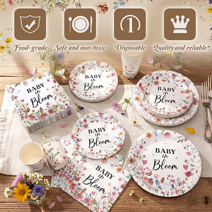 Hsei 250 Pcs Baby in Bloom Baby Shower Decorations Wildflower Plates and Napkins Set Floral Party Tableware Set for 50 Guests Floral Disposable Plates Napkins Cups for Birthday Babys Shower Party
