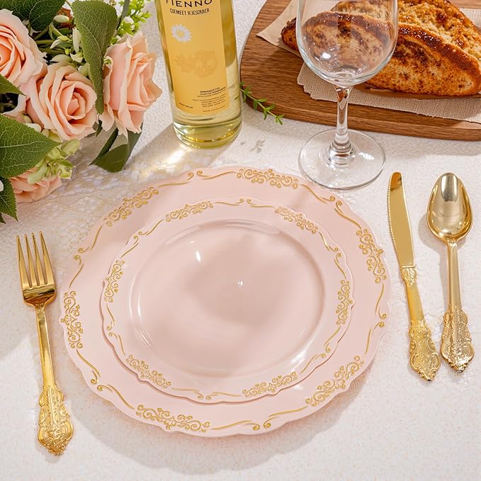 DaYammi 150Pcs Pink Plastic Plates with Gold Rimmed & Gold Silverware,Pink Disposable Plates for Party Include 30 Dinner Plate,30 Dessert Plate,30 Knives,30 Forks,30 Spoons for Mother's Day Party