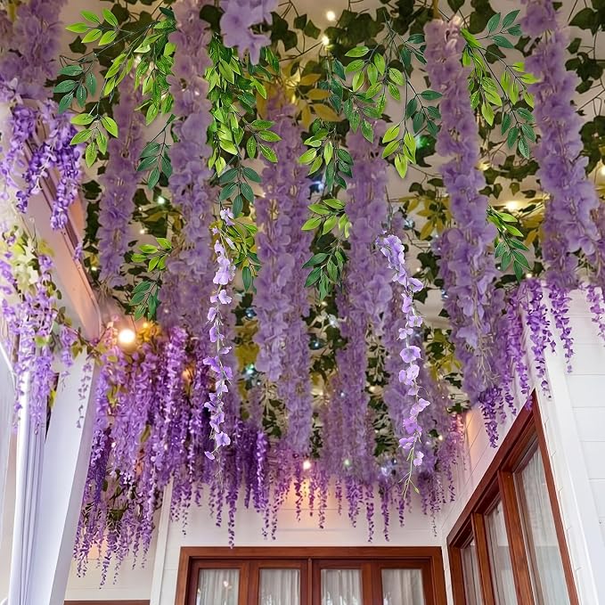 36 Pcs Fairy Party Garland Decorations Set Artificial Wisteria Hanging Flower Garland Wisteria Vines Greenery Whimsical Ceiling Decor for Classroom Wedding Party Indoor Outdoor Garden(Purple)