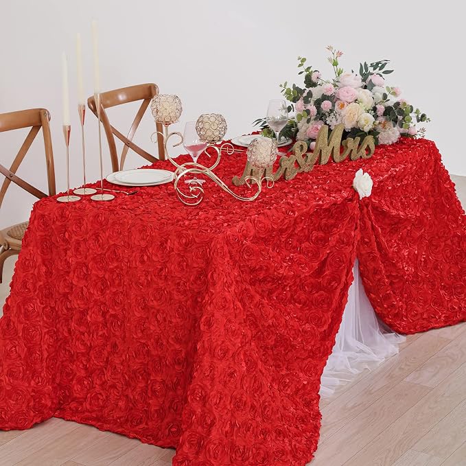 Red Flower Tablecloth 50x80 Inches Rosette Tablecloth Elegant Floral Satin Table Cover for Wedding Birthday Party Decorations