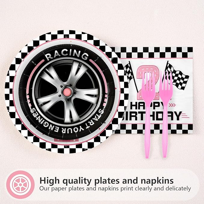 Grencian 96Pcs Two Fast Birthday Party Supplies Pink Race Car 2nd Party Plates and Napkins Checkered Flag Tableware for Kids Girls Racing Car 2 Year Old Birthday Decorations Serves 24