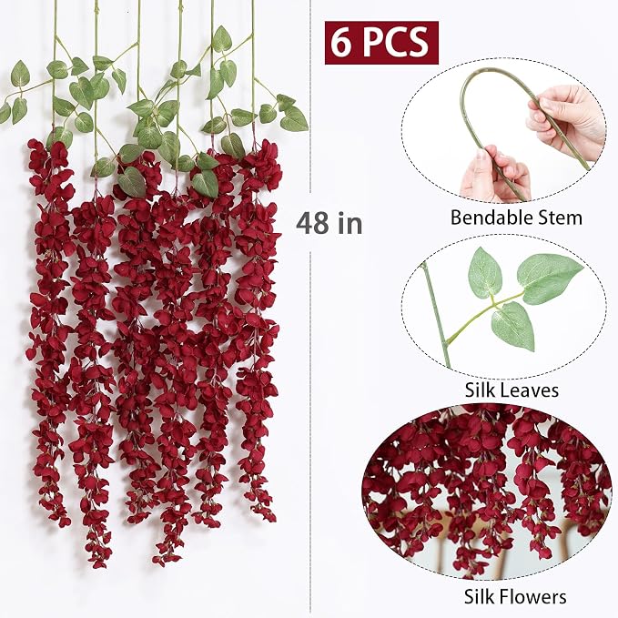 mizii 6Pcs Burgundy Wisteria Hanging Flowers 48" Silk Wisteria Artificial Flowers Garland Vines Fake Hanging Flower Decoration for Wedding Wall Backdrop Centerpieces Party Room Decor (Burgundy Red)