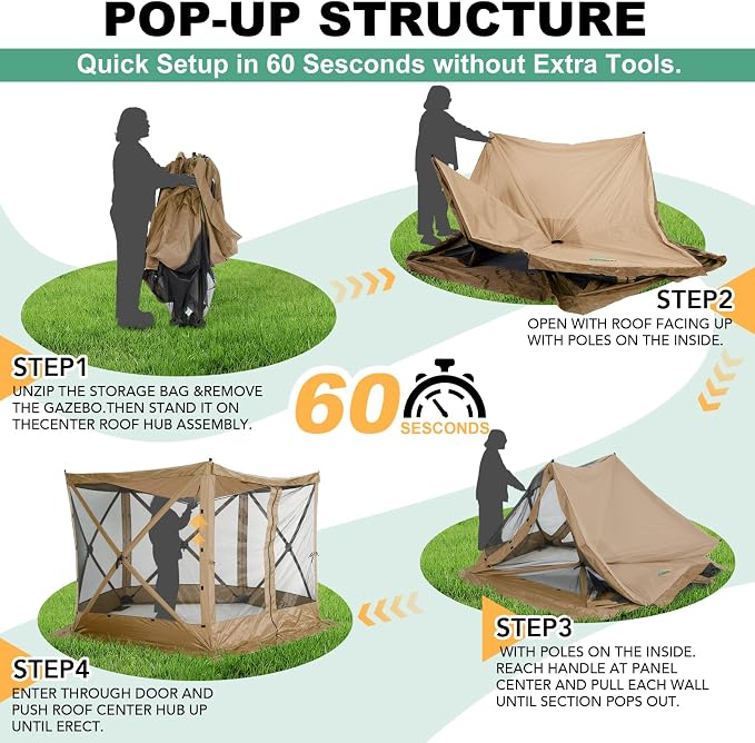 COBIZI 10x10 FT Pop up Gazebo, Popup Canopy Tent,Instant Screened in Gazebos, Waterproof Portable Outdoor Small Screen Tents Sun Shelter,carpas para Patio for Camping, Garden and Backyard,Khaki