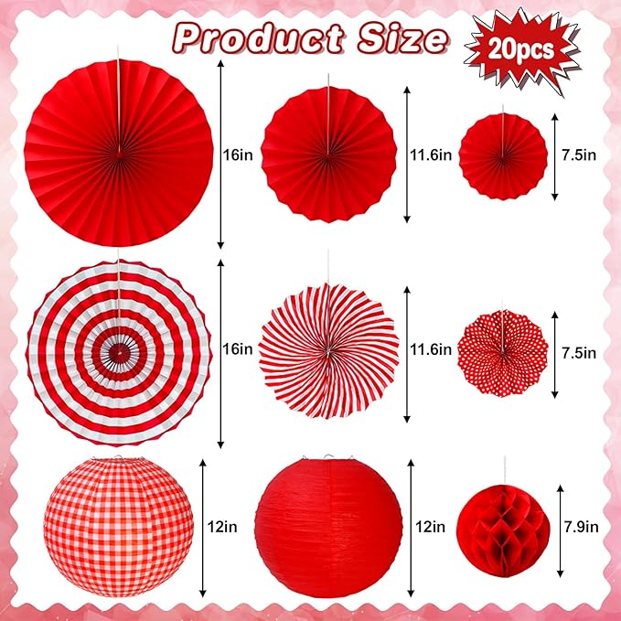 20 PCS Red Party Decorations Kit,Red and White Hanging Paper Lanterns,Round Paper Fans Honeycomb Balls for Birthday Wedding Graduation Picnic BBQ Baby Shower Pizza Party Lunar New Year Home Decor